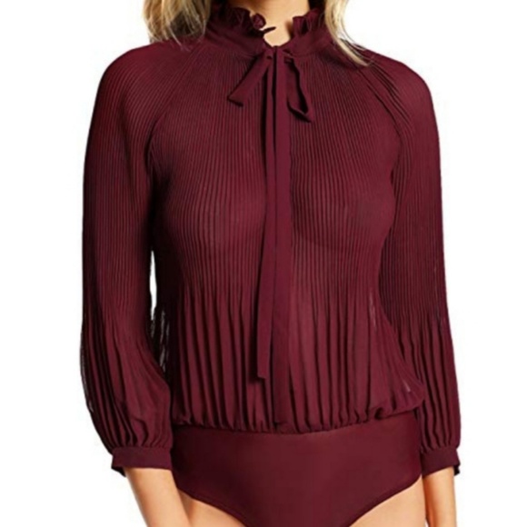 Sexy Sheer Lace Tie Neck Pleated Chiffon Snap Bodysuit Button Blouse Shirt Top - Picture 3 of 4